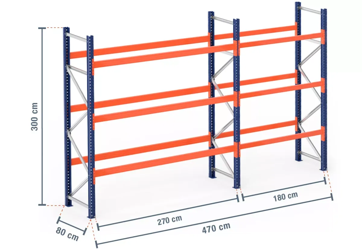 Technische weergave van een palletstelling met twee secties van 270 en 180 centimeter breed en 300 centimeter hoog